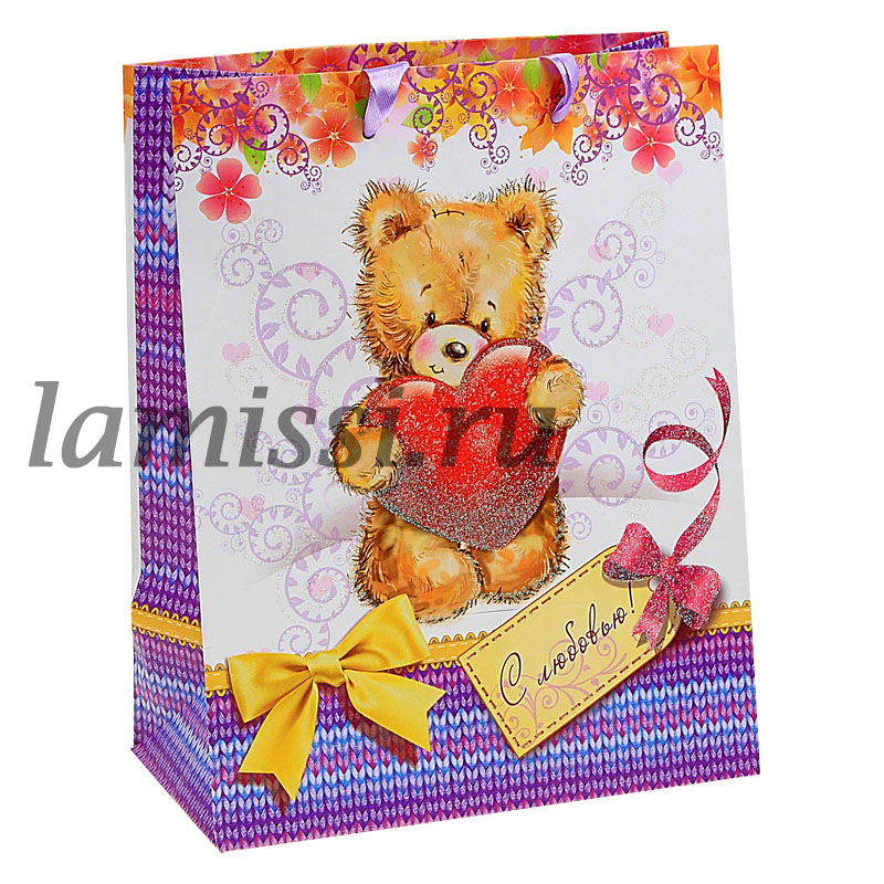 818588 Пакет ламинированный с блестками "Мишка С любовью" ― Ламисси. Магазин подарков